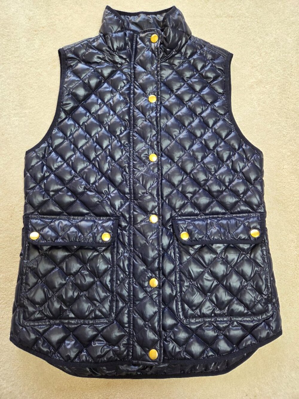 J. Crew XS Quilted Down Puffer Shiny Vest Navy Snap Pockets Zipper Cottage Cozy